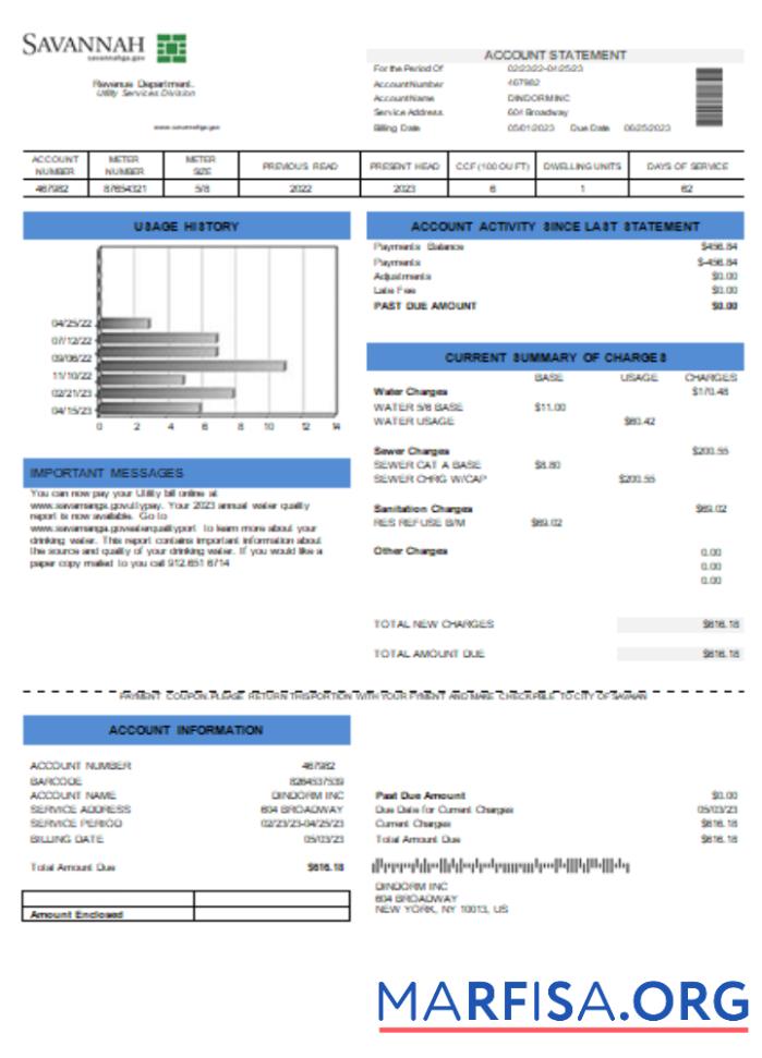 Printable City of Savannah utiliyu business bill, SCR template